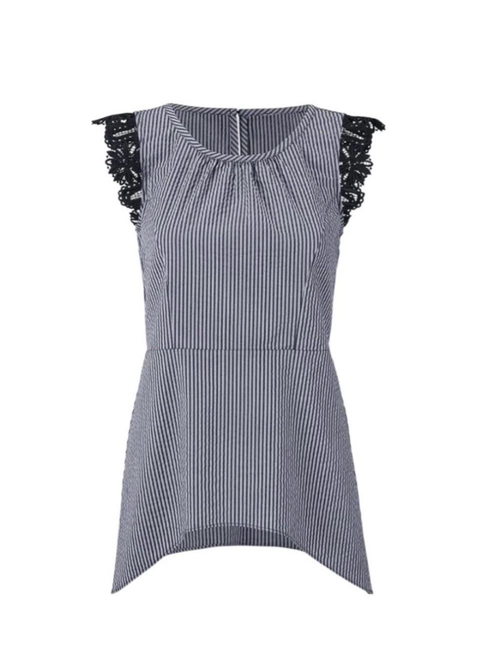 Cabi Lace Flutter Top XS 
Striped Navy and White Lace Cap Sleeve Top item 5727
